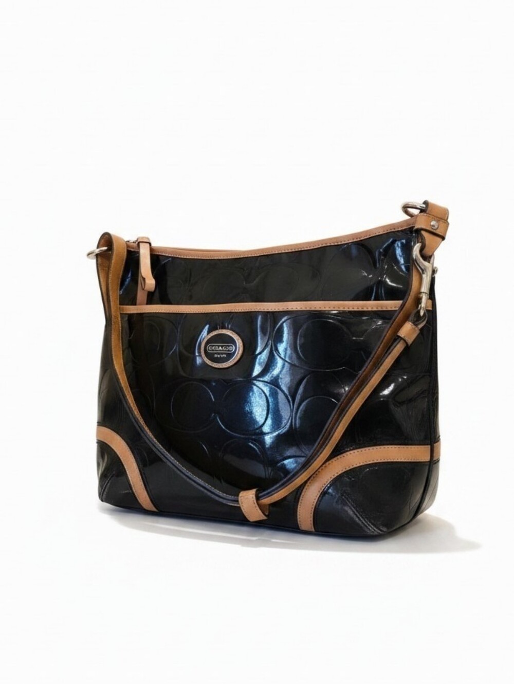 Coach Peyton Black Patent Leather Hobo with Tan Trim